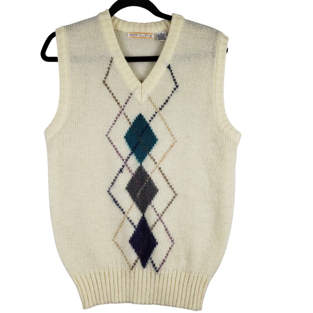 Vintage Men's Size S Argyle Sweater Vest Cream Mohair Blend Light Academia Nerdy